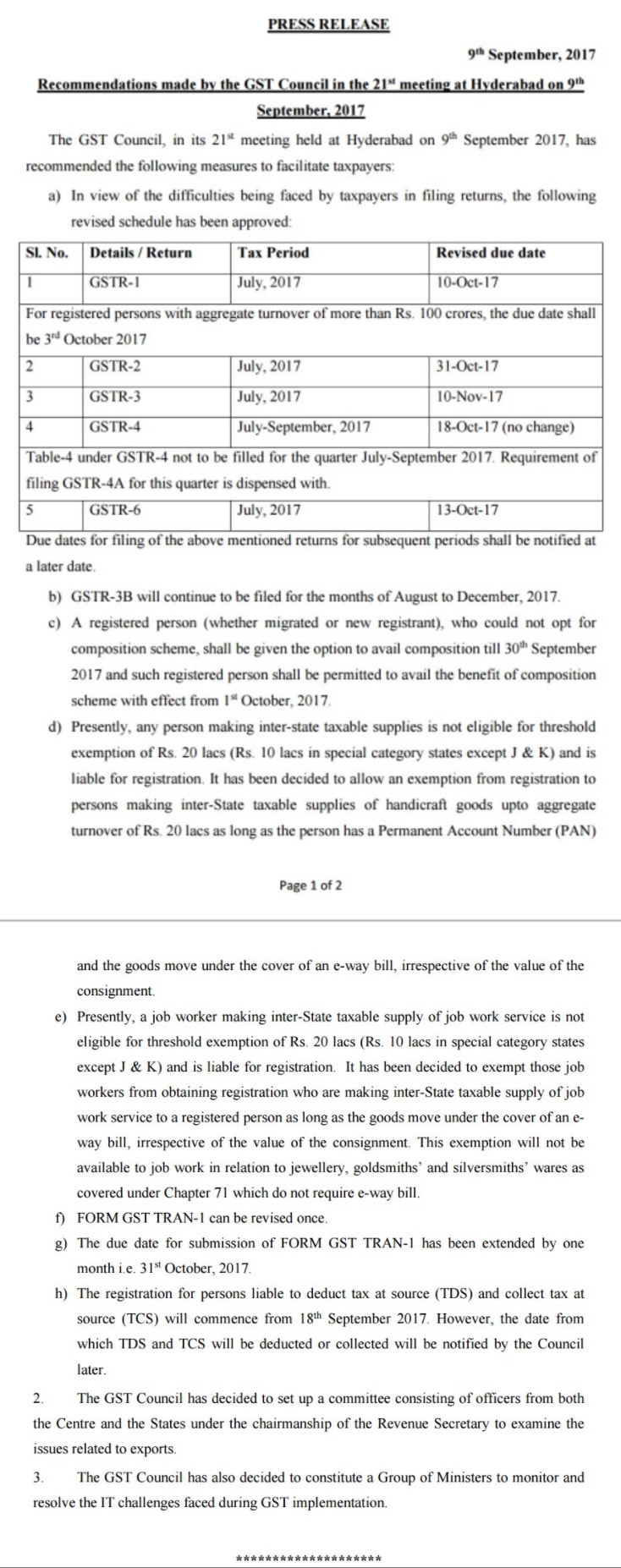 GST Council Press Release 9 September 2017