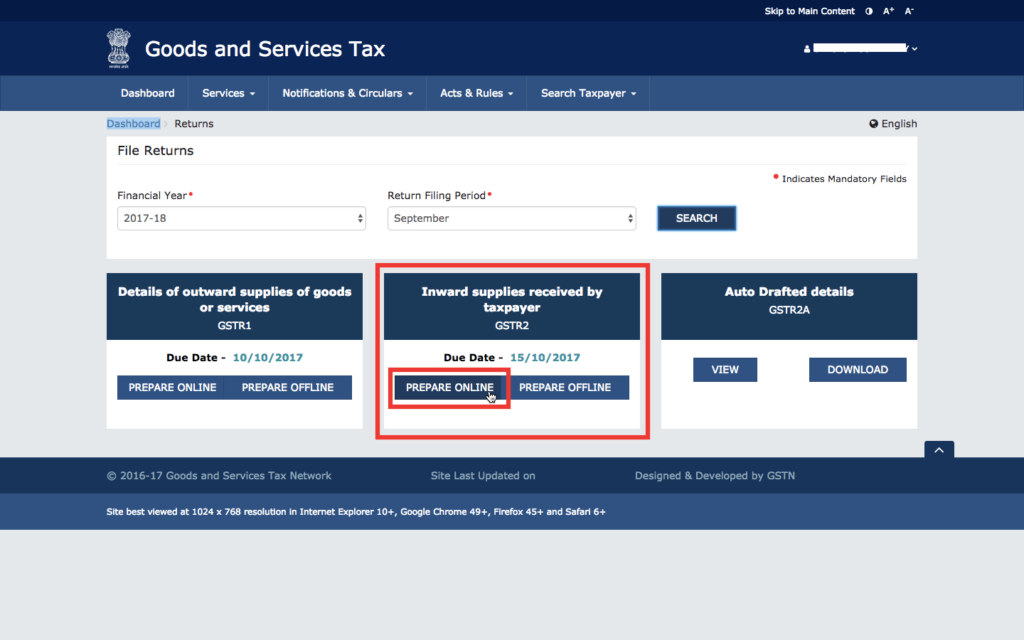 Step 5 - Click on Prepare GSTR2 Online