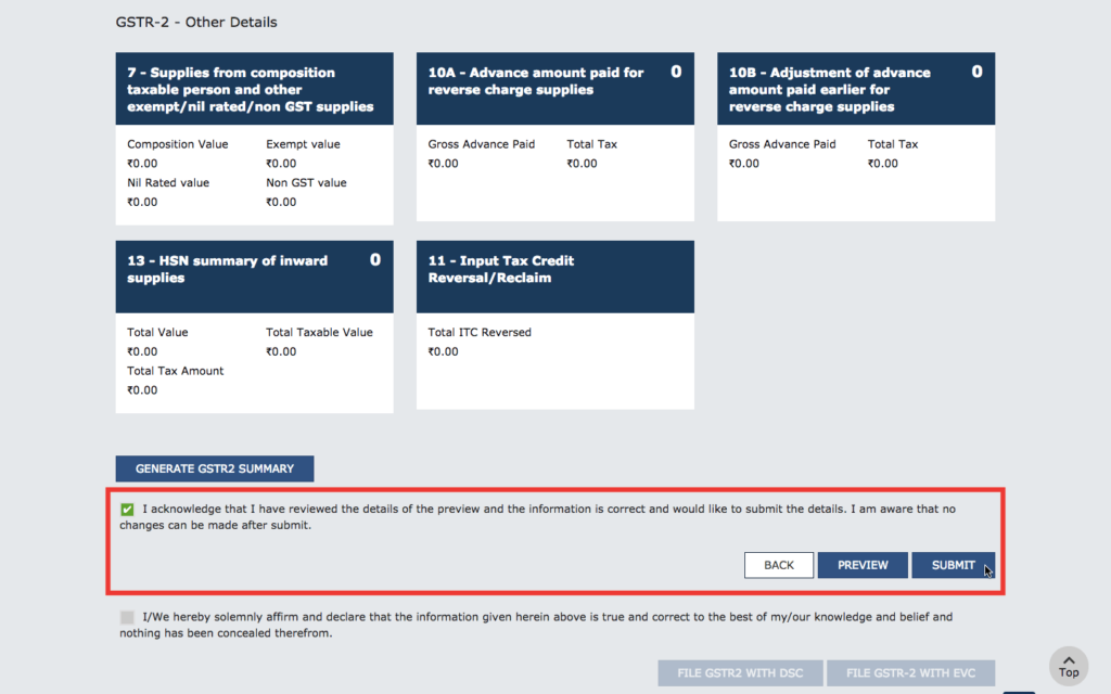 Step 8 - Submit Nil GSTR2 Return