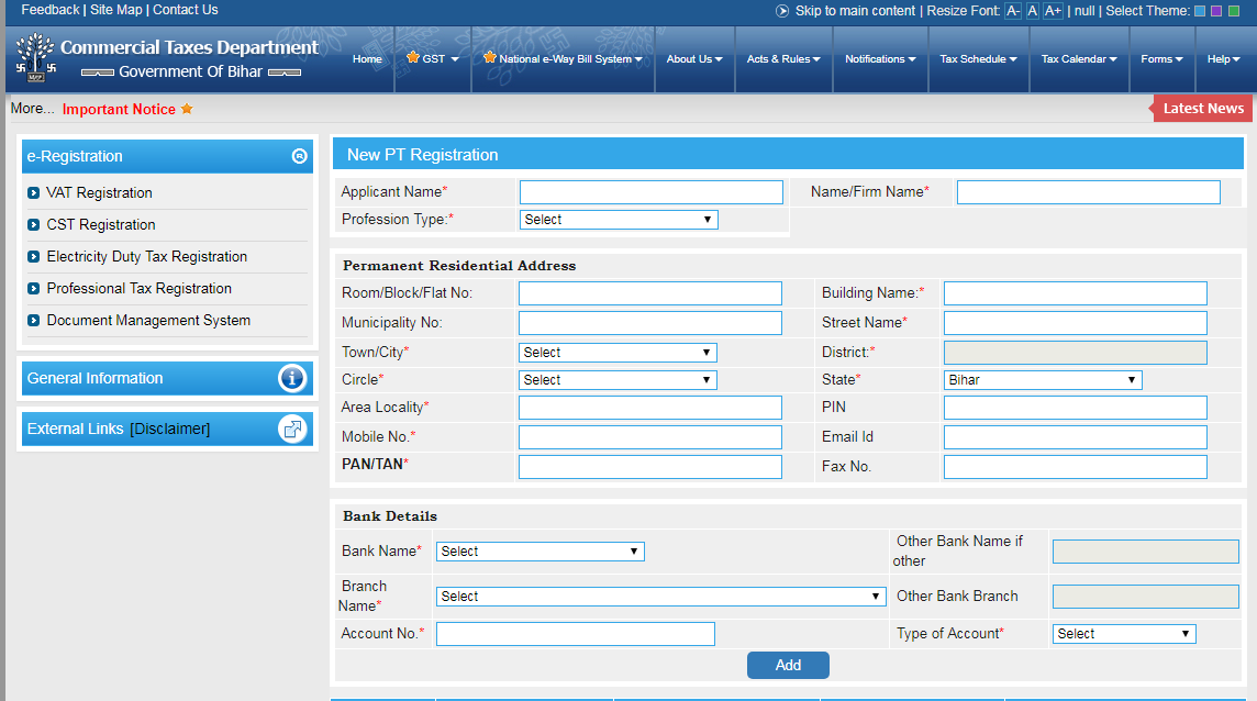 Application Form - Bihar Professional Tax