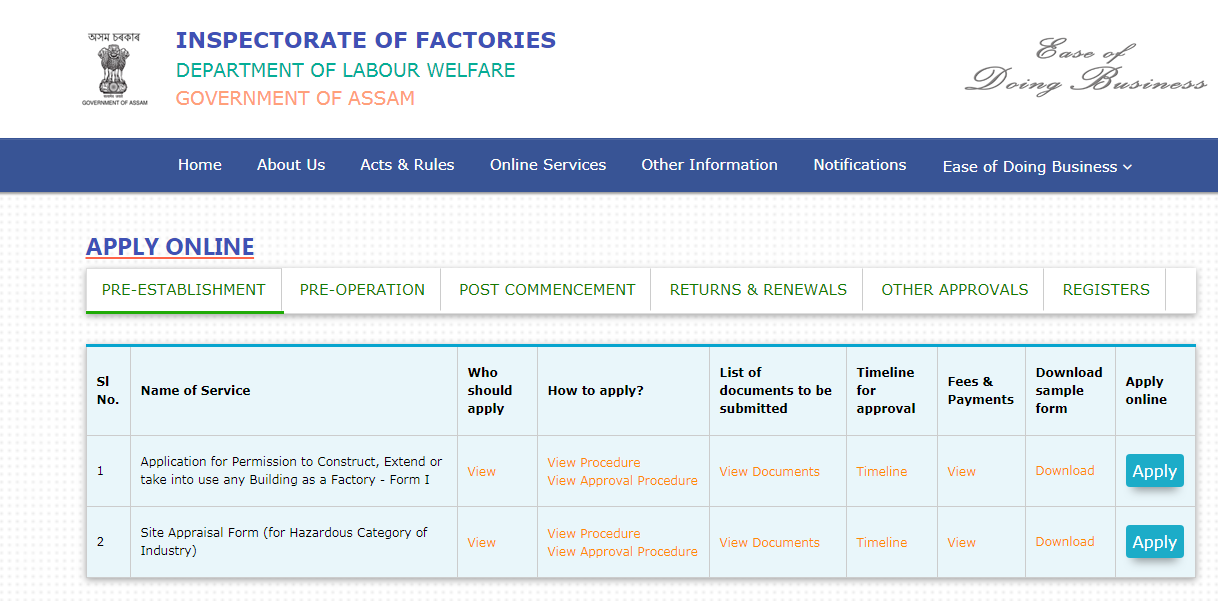 factory sample license Procedure Registration  Application  Factory Assam