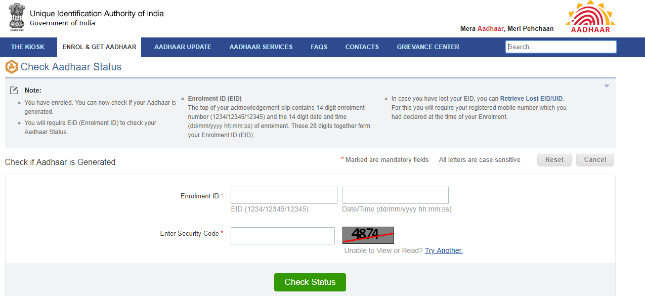 e-Aadhar Get Status