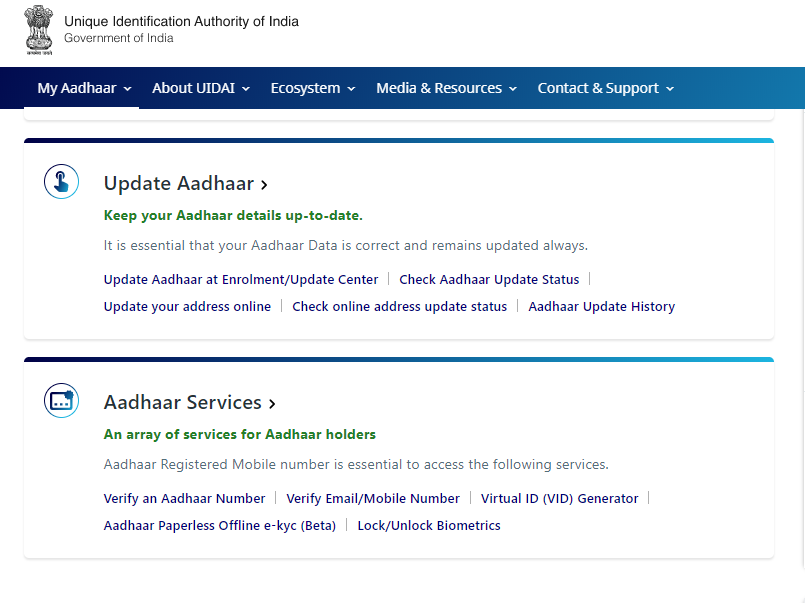 e-Aadhar Update status