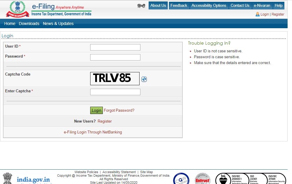 e-Filing of DTVSV Form - Login Page