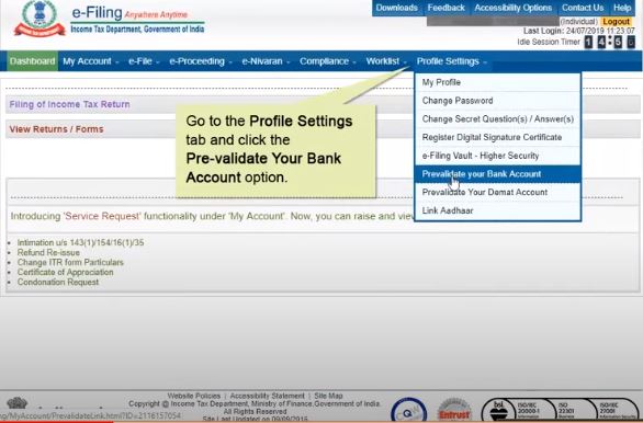 Pre-validation of Bank Account for Income Tax Refund - Application Page