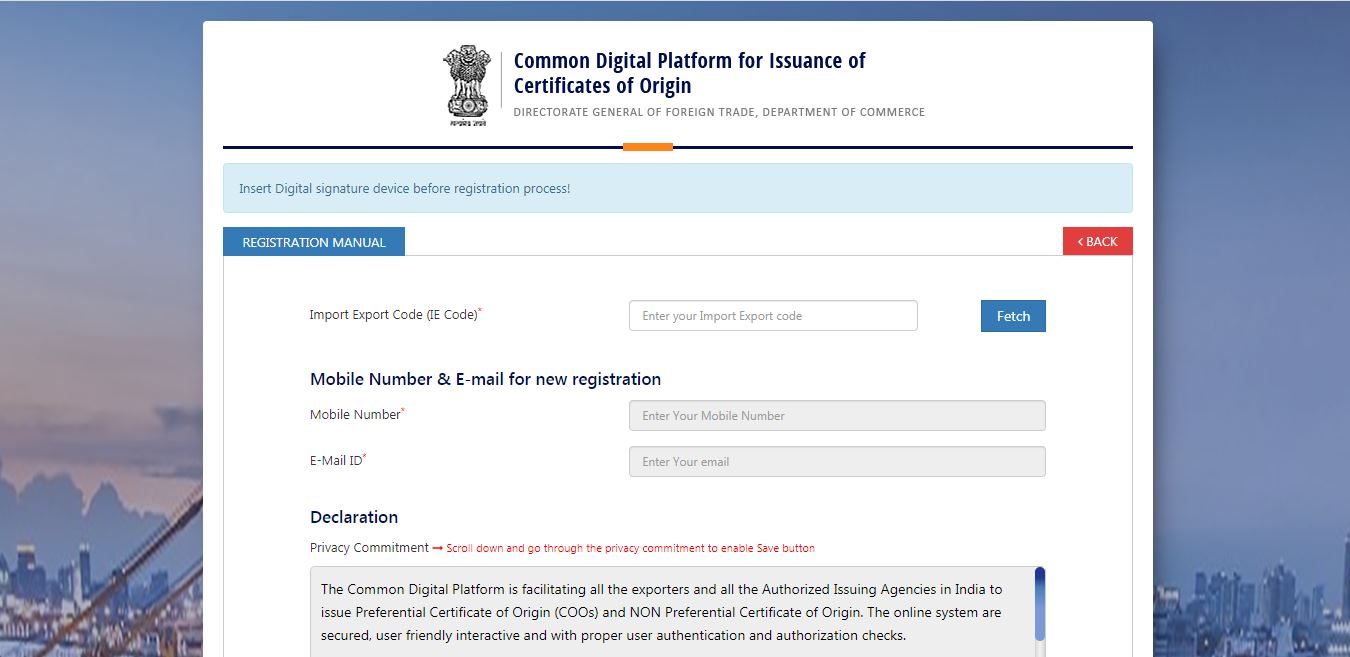 Electronic filing and Issuance of Preferential Certificate of Origin (CoO) - User Registration