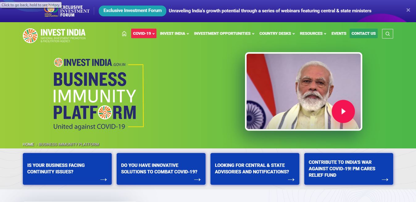 Invest India Business Immunity Platform - Home Page