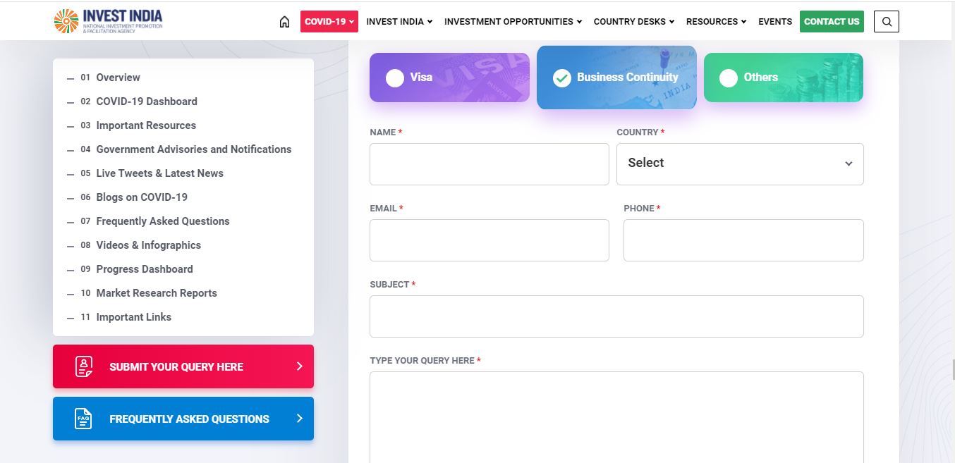 Invest India Business Immunity Platform - Submit Query
