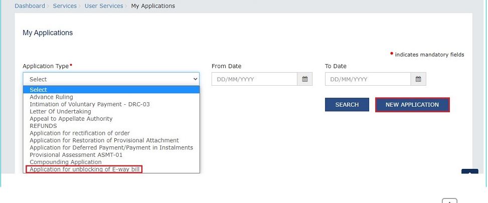 Online filing of Form GST EWB 05 for un-blocking of E-Way Bill (EWB) generation facility - Application2