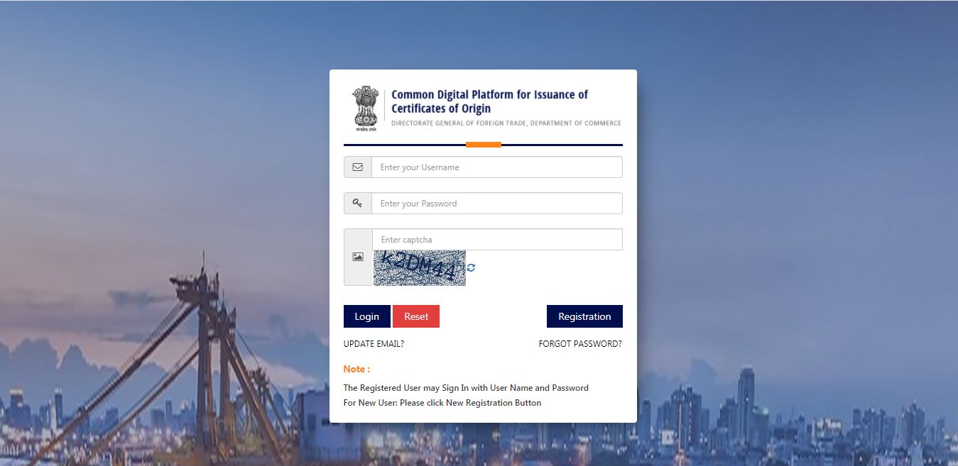 Electronic filing of Non - Preferential Certificate of Origin (CoO NP) - Login