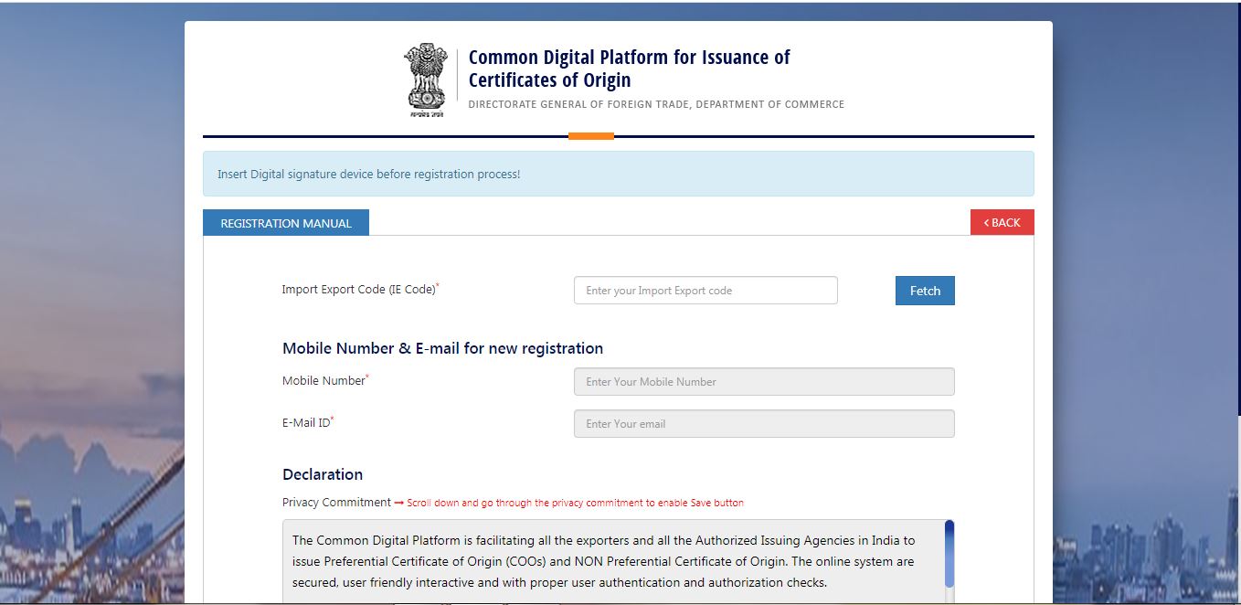 Electronic filing of Non - Preferential Certificate of Origin (CoO NP) - User Registration