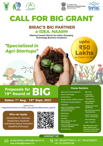 BIRAC BIG scheme 19th Call for Agri Startups