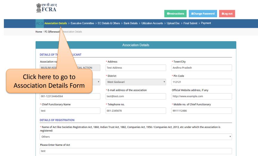 Extension of the validity period of the FCRA registration certificate - Applicant Details Forms