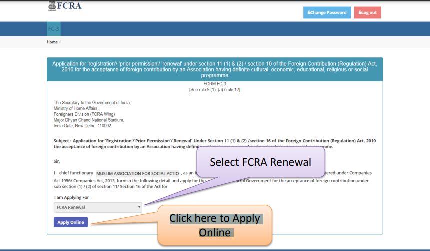 Extension of the validity period of the FCRA registration certificate - MHA Login2