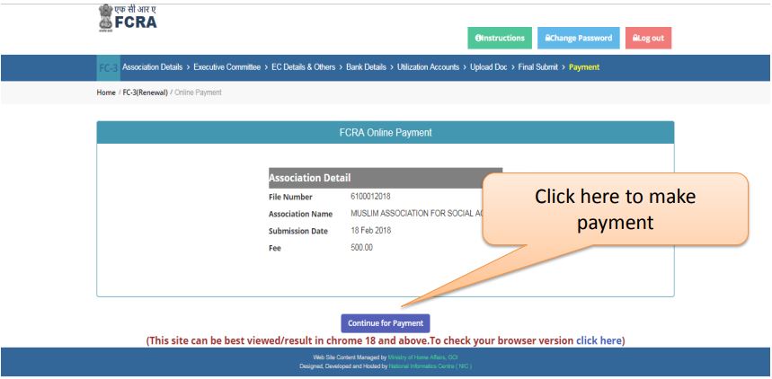 Extension of the validity period of the FCRA registration certificate - Payment