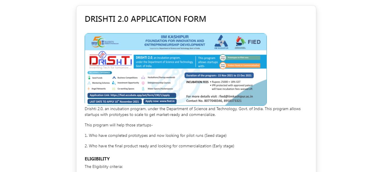 Drishti 2.0 Incubation Program for Startup - FIED Application