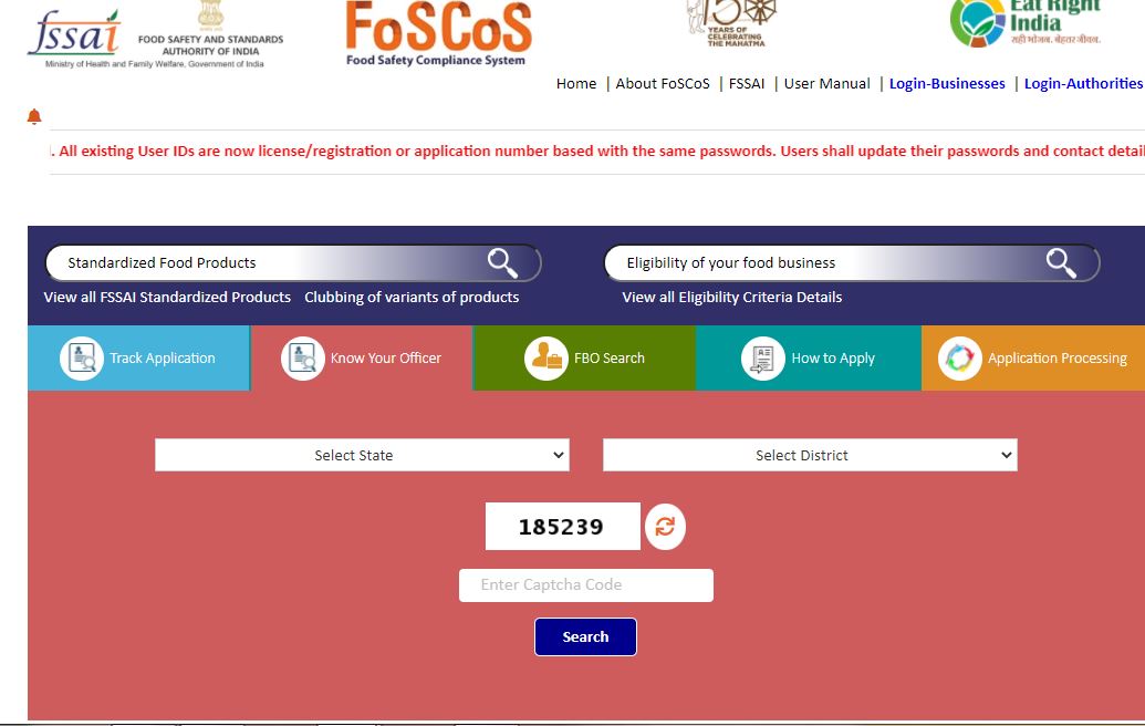 FSSAI introduces New Methodology for FoSCoS user ID - Know Your Officer