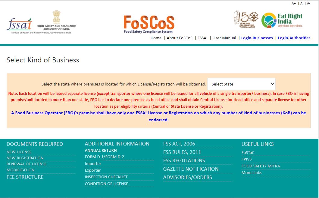 FSSAI introduces New Methodology for FoSCoS user ID - New License Registration KOB