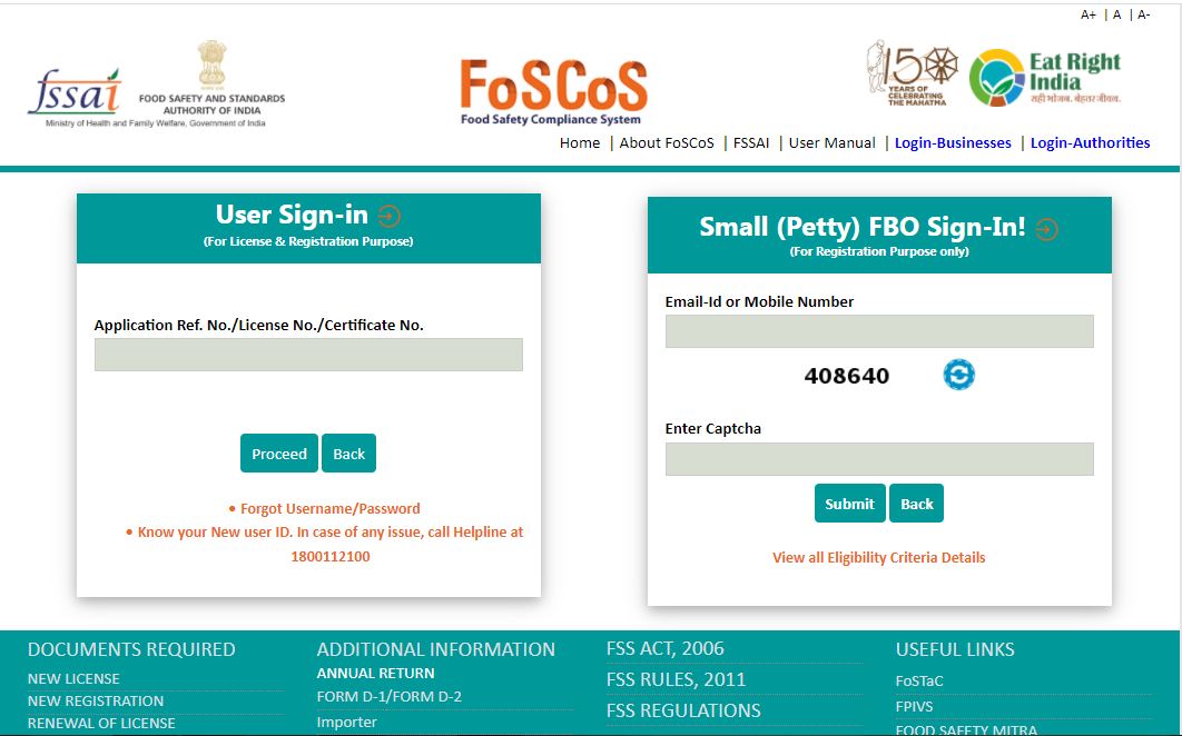 FSSAI introduces New Methodology for FoSCoS user ID - User Sign in