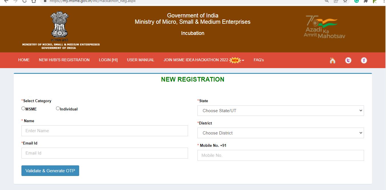 MSME Idea Hackathon - New User Registration