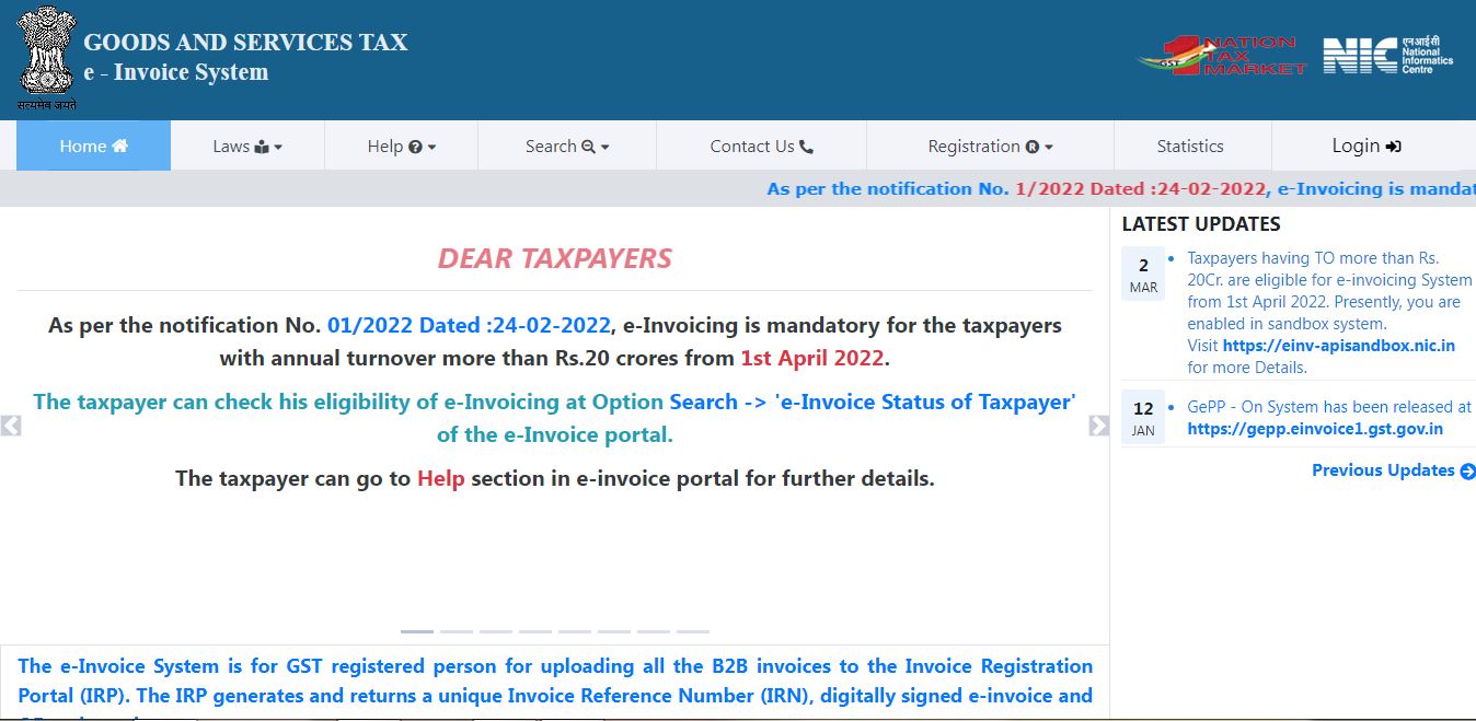 Mandatory e-invoicing for Taxpayers Exceeding Turnover of INR 20 Crores - e-invoice portal Home Page