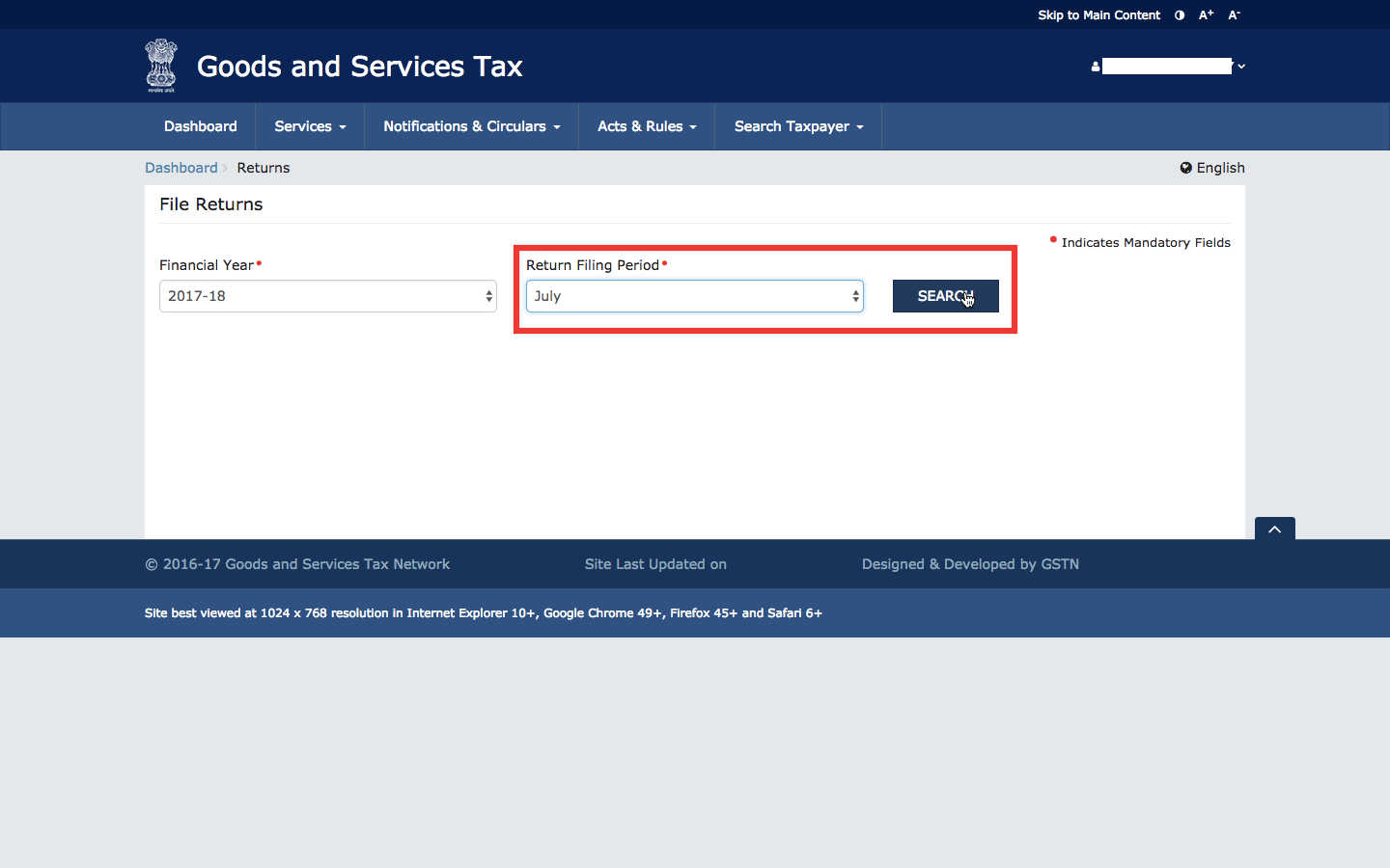 how to file gstr 3b nil return: Select-GST-Return-Month-and-Click-Search